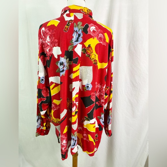 Vintage 80s Bold Abstract Floral Geometric Print Red Button Up Blouse Top XXL - Picture 4 of 7